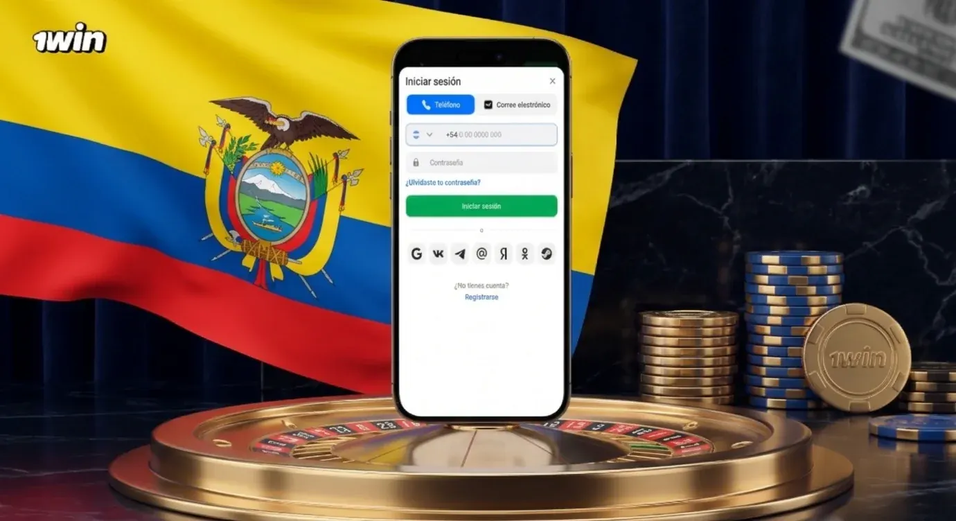 Celular con la pantalla de inicio de sesión de 1win frente a la bandera de Ecuador, sobre una plataforma dorada con ruleta, fichas azules y monedas de 1win